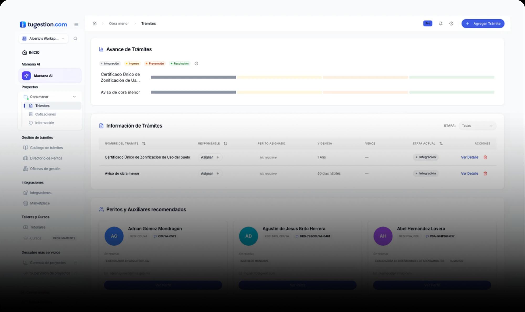 Expediente real en tugestion.com: avance de trámites, información de trámites y peritos recomendados