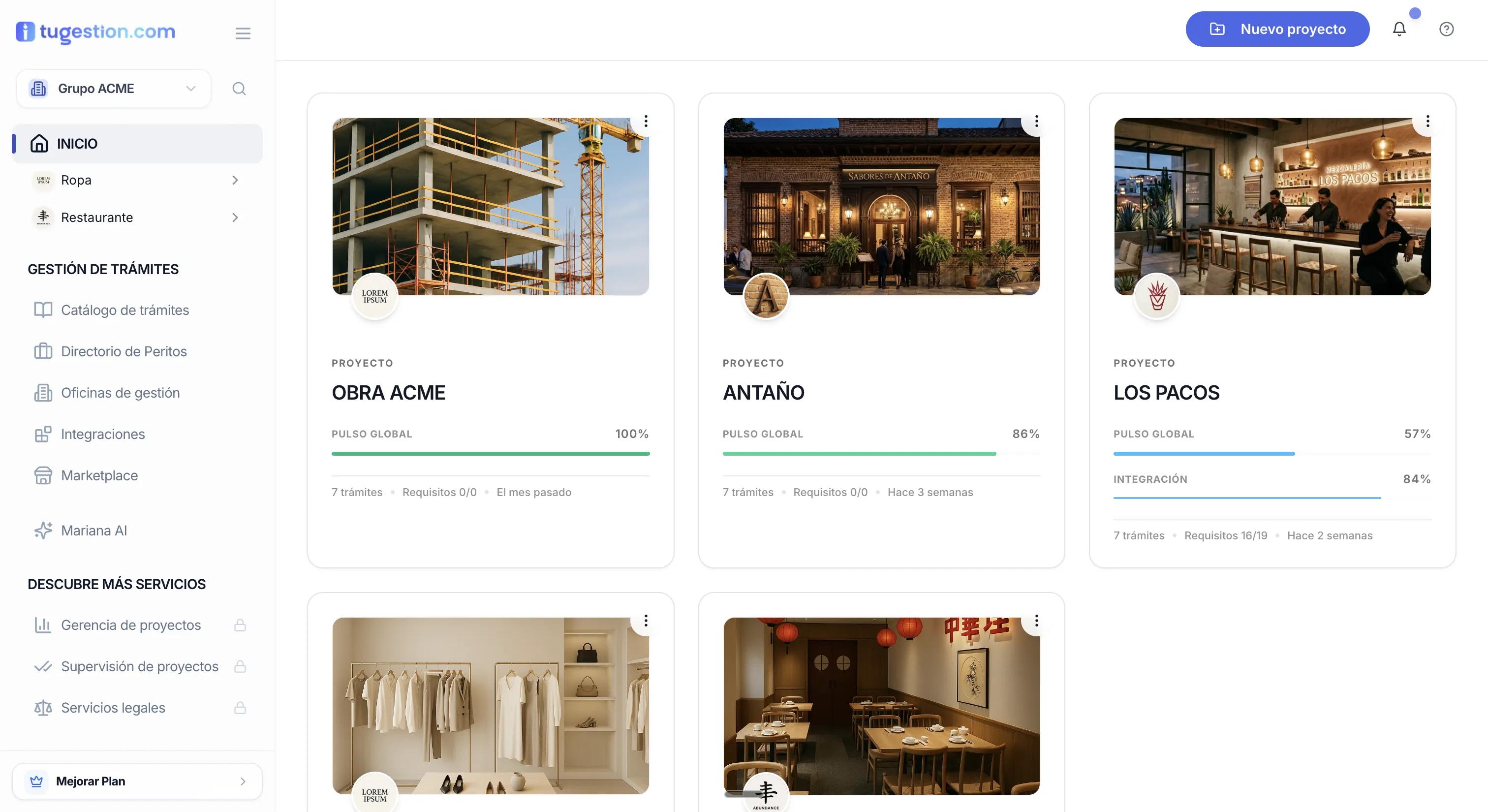 Vista del portafolio de proyectos en tugestion.com